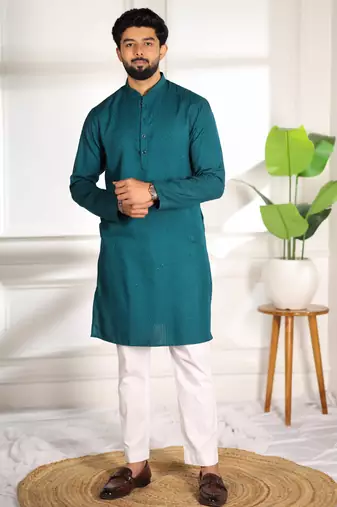 Teal color beautiful cotton fabric designer embroidery work ceremonial men's party attire