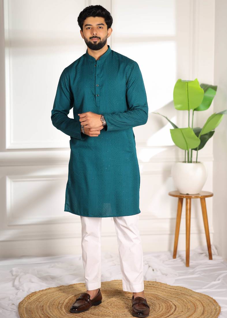 Teal color beautiful cotton fabric designer embroidery work ceremonial men's party attire