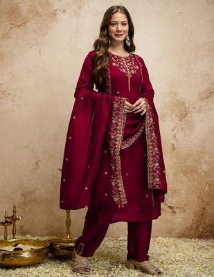 Maroon embroidered vichitra kurti pant dupatta set | stitched kurta set for women | 3