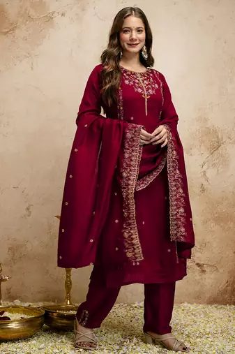 Maroon embroidered vichitra kurti pant dupatta set | stitched kurta set for women |