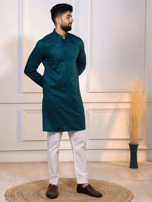 Teal color stylish cotton fabric woven dobby designer kurta payjama for men's 5