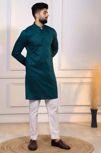Teal color stylish cotton fabric woven dobby designer kurta payjama for men's