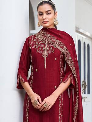 Maroon embroidered vichitra kurti pant dupatta set | stitched kurta set for women | 4