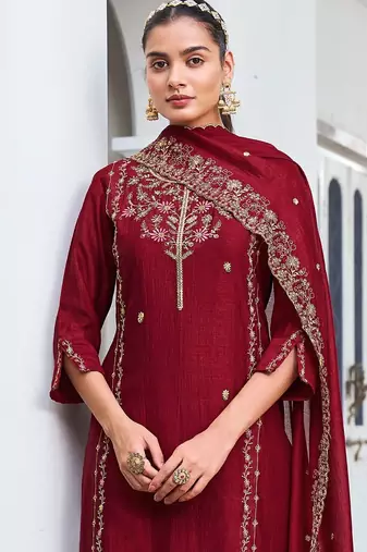 Maroon embroidered vichitra kurti pant dupatta set | stitched kurta set for women |