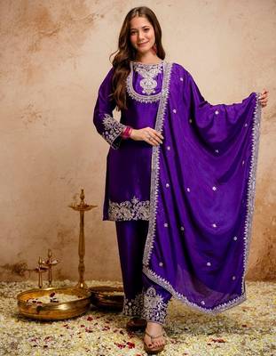 Blue chinon embroidered a-line kurti set with pant & dupatta 1