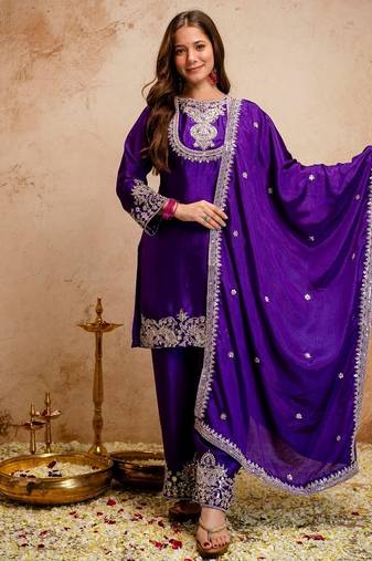 Blue chinon embroidered a-line kurti set with pant & dupatta