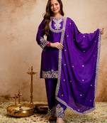 Blue chinon embroidered a-line kurti set with pant & dupatta