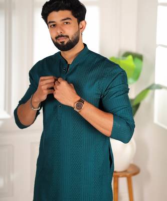 Teal color beautiful cotton fabric designer embroidery work ceremonial men's party attire 3