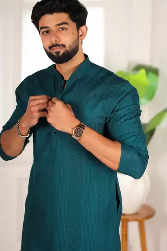 Teal color beautiful cotton fabric designer embroidery work ceremonial men's party attire