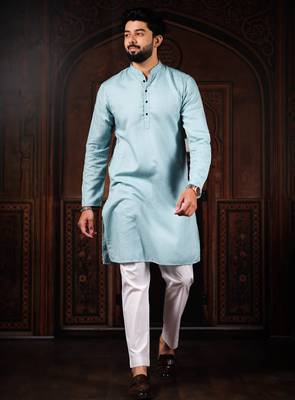 Sky blue color beautiful cotton fabric designer embroidery work ceremonial men's party attire 1