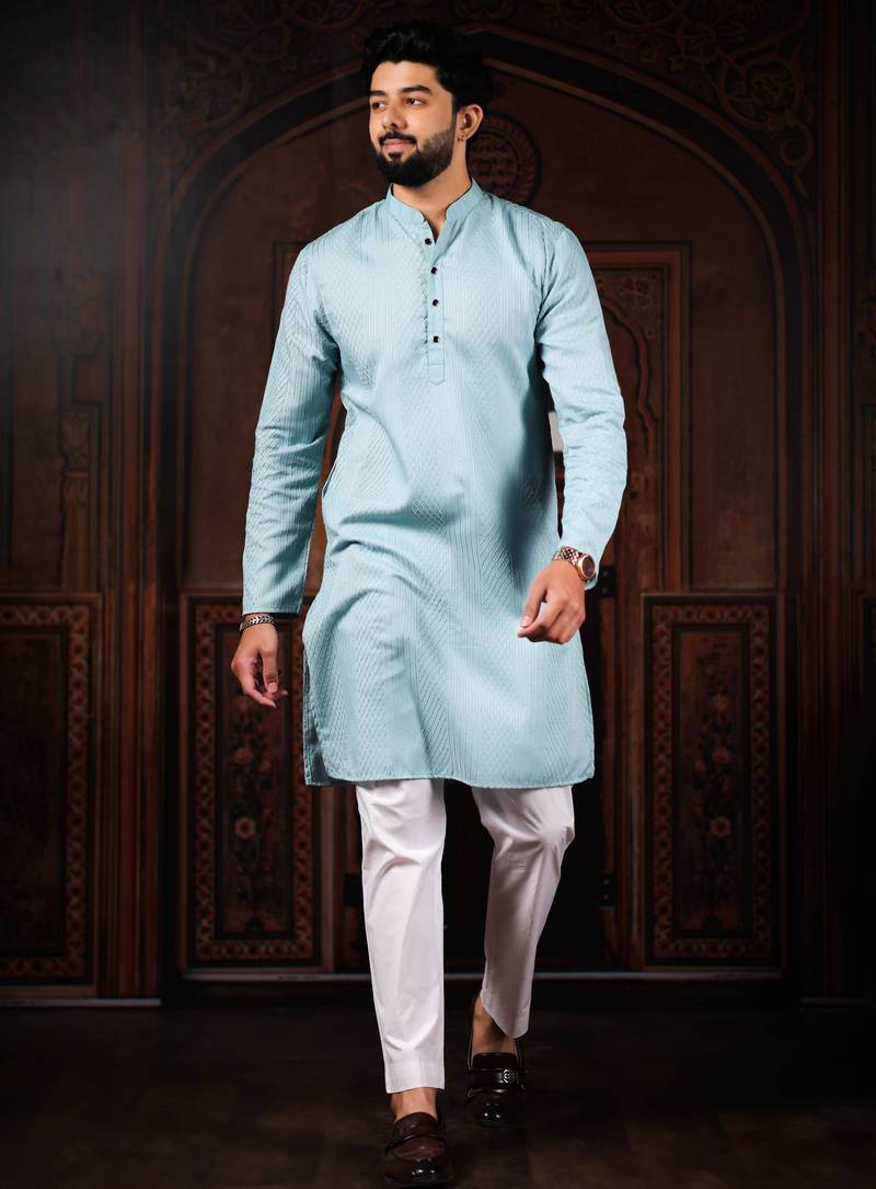 Sky blue color beautiful cotton fabric designer embroidery work ceremonial men's party attire