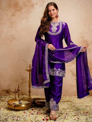 Blue chinon embroidered a-line kurti set with pant & dupatta 2