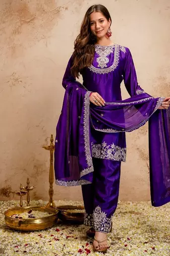 Blue chinon embroidered a-line kurti set with pant & dupatta