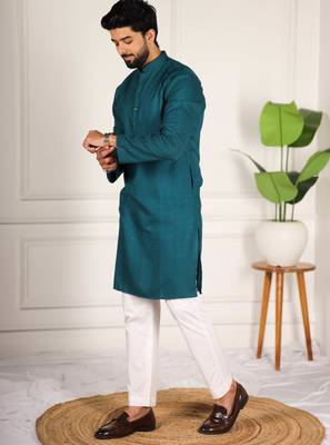 Teal color beautiful cotton fabric designer embroidery work ceremonial men's party attire 4