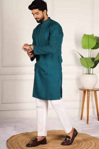 Teal color beautiful cotton fabric designer embroidery work ceremonial men's party attire