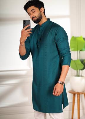 Teal color beautiful cotton fabric designer embroidery work ceremonial men's party attire 5