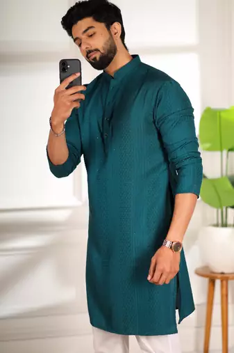 Teal color beautiful cotton fabric designer embroidery work ceremonial men's party attire