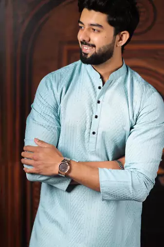Sky blue color beautiful cotton fabric designer embroidery work ceremonial men's party attire