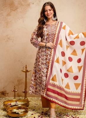 ethnic magic cotton kurta set with pants & mul cotton dupatta 1