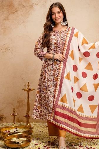 ethnic magic cotton kurta set with pants & mul cotton dupatta