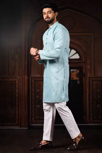 Sky blue color beautiful cotton fabric designer embroidery work ceremonial men's party attire