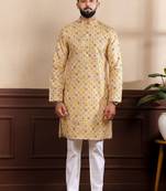 Mustard color art silk fabric stylish fancy partywear kurta payjama for men's