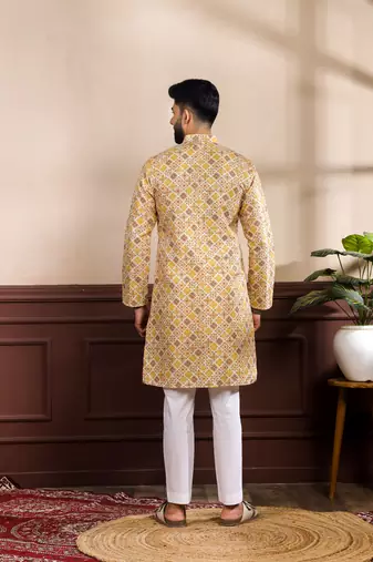 Mustard color art silk fabric stylish fancy partywear kurta payjama for men's