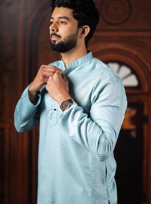 Sky blue color beautiful cotton fabric designer embroidery work ceremonial men's party attire 5