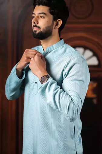 Sky blue color beautiful cotton fabric designer embroidery work ceremonial men's party attire