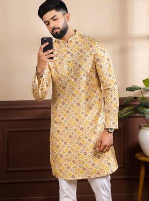 Mustard color art silk fabric stylish fancy partywear kurta payjama for men's 3