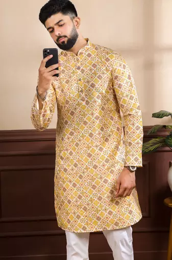 Mustard color art silk fabric stylish fancy partywear kurta payjama for men's