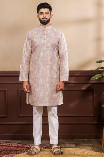 Lavender color art silk fabric stylish fancy partywear kurta payjama for men's