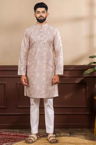 Lavender color art silk fabric stylish fancy partywear kurta payjama for men's