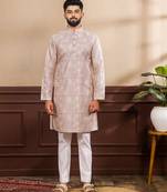 Lavender color art silk fabric stylish fancy partywear kurta payjama for men's
