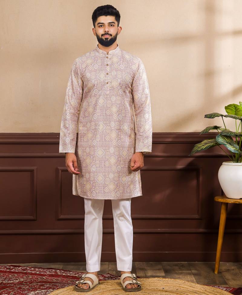 Lavender color art silk fabric stylish fancy partywear kurta payjama for men's