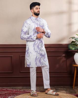 Violet color art silk fabric stylish fancy partywear kurta payjama for men's 5