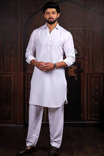 Off white color cotton satin fabric beautiful solid festive special kurta payjama
