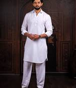 Off white color cotton satin fabric beautiful solid festive special kurta payjama