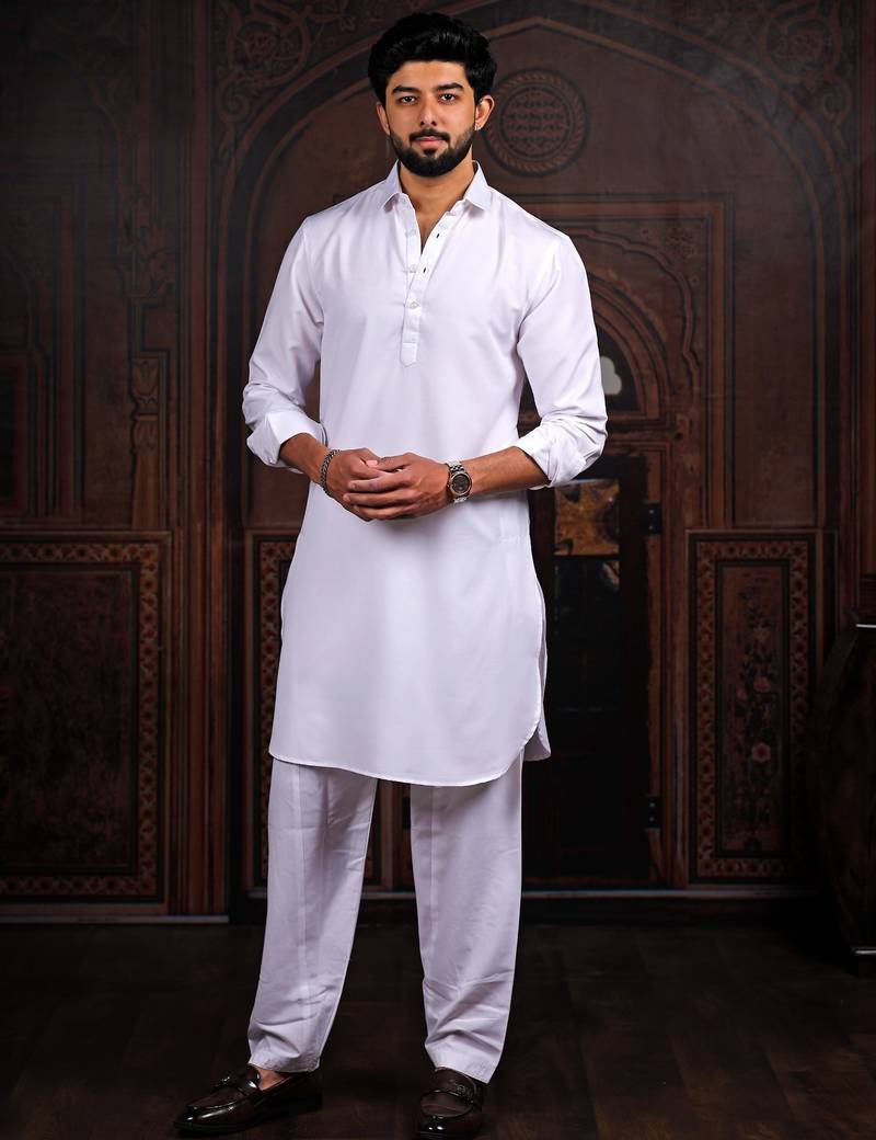 Off white color cotton satin fabric beautiful solid festive special kurta payjama
