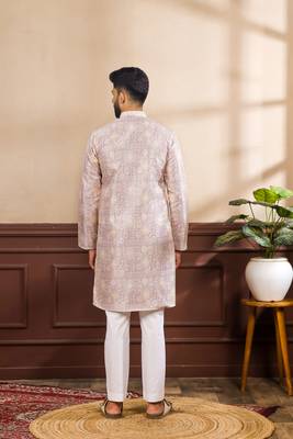 Lavender color art silk fabric stylish fancy partywear kurta payjama for men's 2