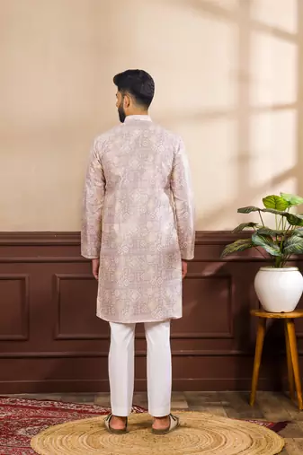 Lavender color art silk fabric stylish fancy partywear kurta payjama for men's