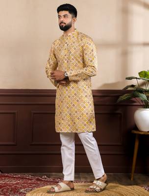 Mustard color art silk fabric stylish fancy partywear kurta payjama for men's 4