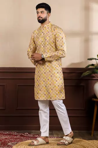 Mustard color art silk fabric stylish fancy partywear kurta payjama for men's