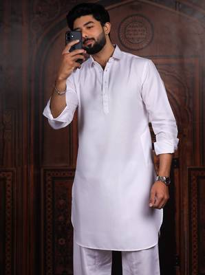 Off white color cotton satin fabric beautiful solid festive special kurta payjama 3