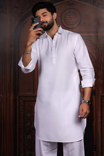 Off white color cotton satin fabric beautiful solid festive special kurta payjama