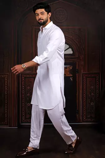 Off white color cotton satin fabric beautiful solid festive special kurta payjama