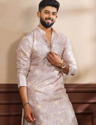 Lavender color art silk fabric stylish fancy partywear kurta payjama for men's 3