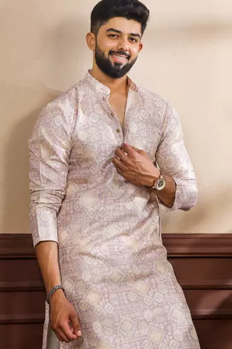 Lavender color art silk fabric stylish fancy partywear kurta payjama for men's