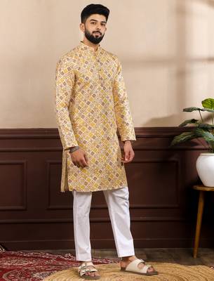 Mustard color art silk fabric stylish fancy partywear kurta payjama for men's 5