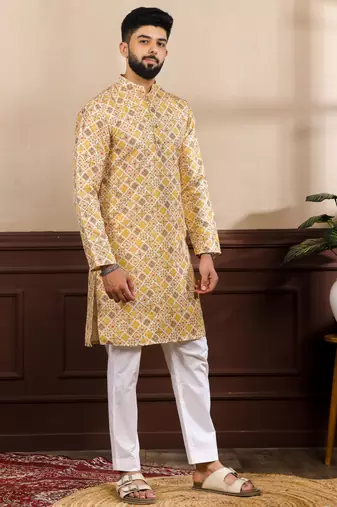 Mustard color art silk fabric stylish fancy partywear kurta payjama for men's